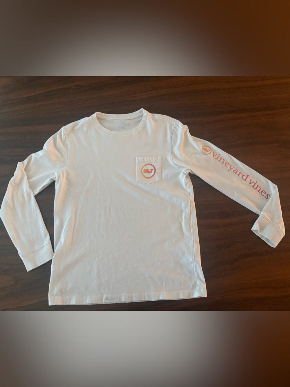 Vineyard Vines White Long-Sleeve Pocket Tee with Pink-Orange Logo